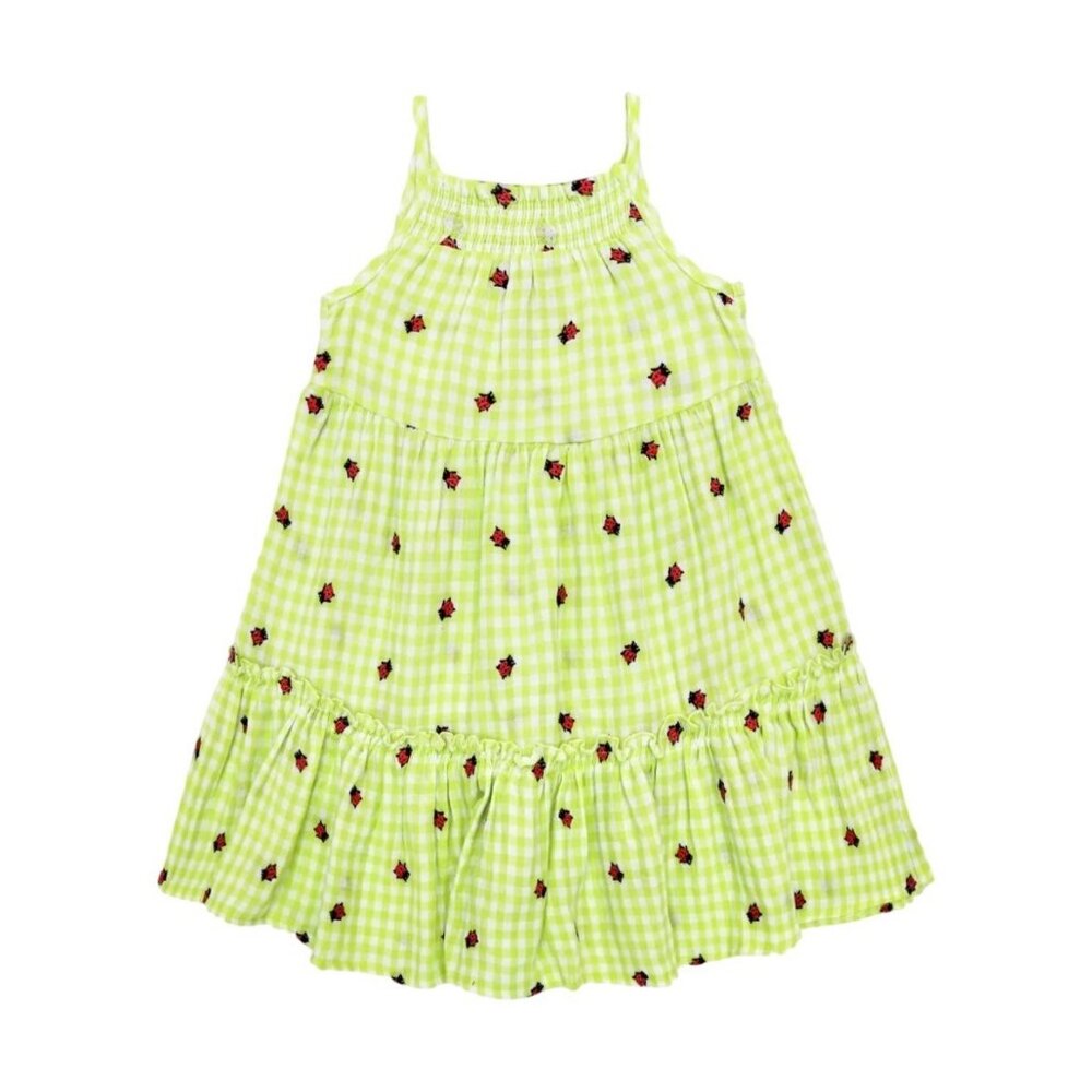 PEEK Ladybug Schiffli Dress Lime Gingham 10 Embroidered Smocked Sundress Tiered